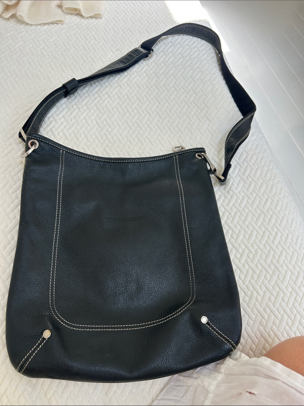 Longchamp Black Leather Shoulder Bag with White Contrast Stitching